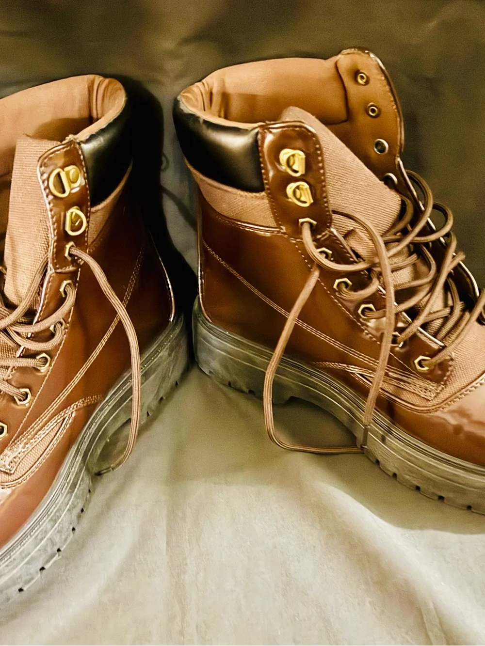 ASOS Brown Lace-Up Chunky Patent Toe Boots